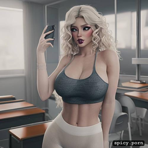 curly hair, white lady, curvy body, big lips, classroom, 20 years old