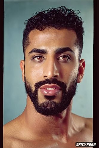 arab gay man, model face, close up face, masculine jaw, shirtless