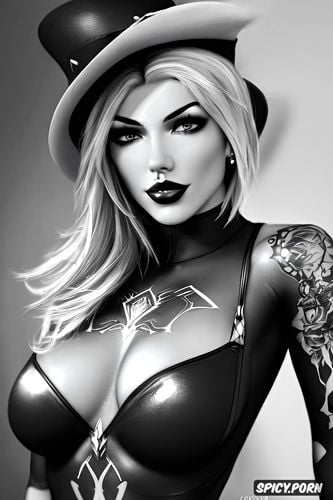 ultra realistic, ashe overwatch beautiful face young sexy low cut black and white bodysuit