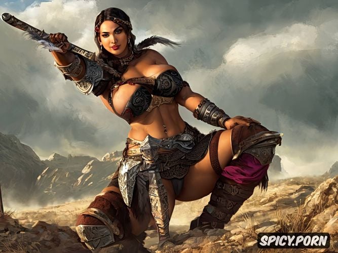 female barbarian, wearing armor, large biceps, curvy body, topless