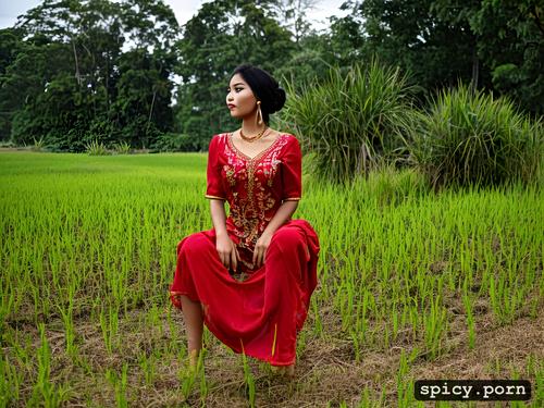 baju kebaya, malay teen sitting in a rice field, rice field