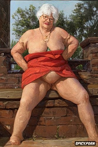 the fat grandmother has nude pussy under her skirt shows open labia upskirt very old