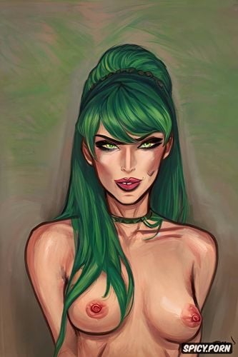 crossdresser, green hair, completely without breasts, large cheekbones