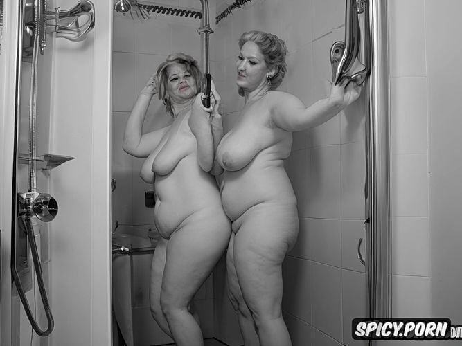 large, lustfull looking at viewer, pure white skinned, plump grandma standing completely naked with gigantic tits in the bathroom