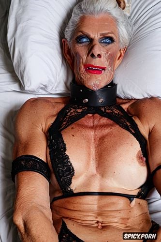 lying on back, gilf, wrinkled skin, blue eyes, witch, in bed