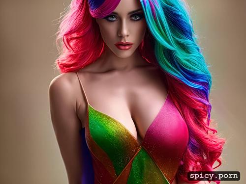 intricate hair, elegant gown, tattoos, 25 years old, rainbow hair