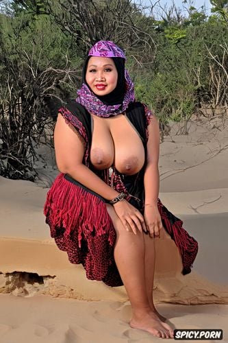 wearing traditional dress, wearing hijab, not naked at desert