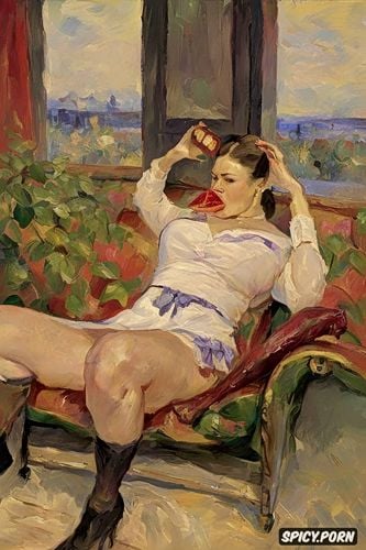 couch, vampire, tongue out, drooling, pyotr krivonogov, impressionism painting style