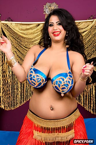 gorgeous busty voluptuous belly dancer, huge natural boobs, traditional two piece belly dance costume