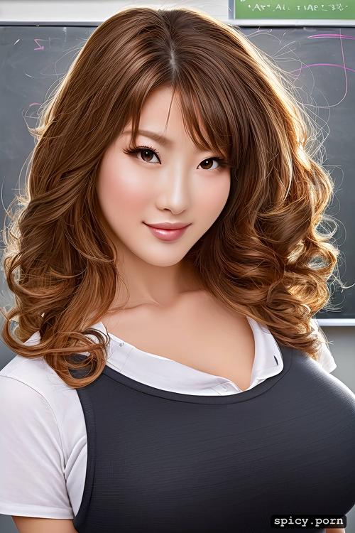 short messy hair, japanese woman, chubby body, big breasts, school uniform