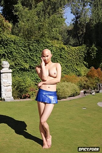 bald head, slender, sad face, tiny tits, shaved head, standing in a garden