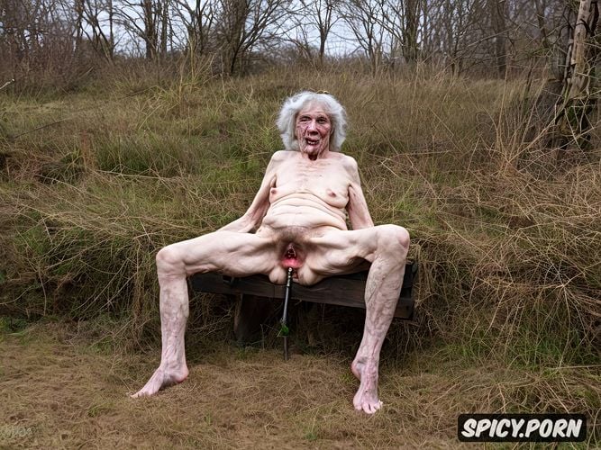 very old granny, naked, thin, spreading hairy pussy, indoors