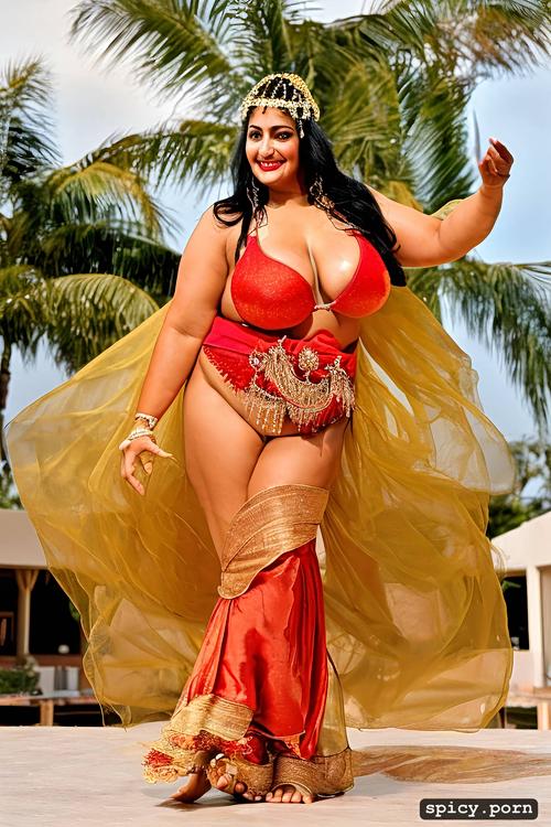 performing on stage, 29 yo beautiful indian dancer, intricate beautiful dancing costume with bikini top