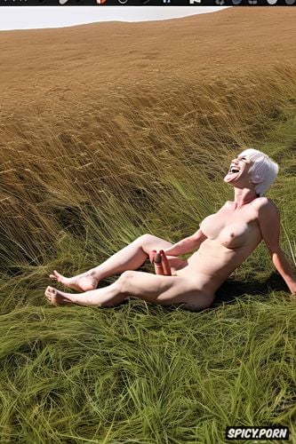 nude in a field, cumshot, short female, short white hair with bangs