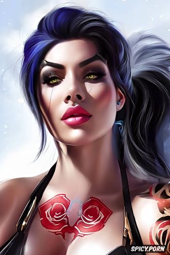 tattoos masterpiece, ultra detailed, widowmaker overwatch beautiful face young sexy