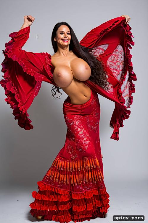 intricate flamenco costume, perfect beautiful smiling face, huge natural boobs