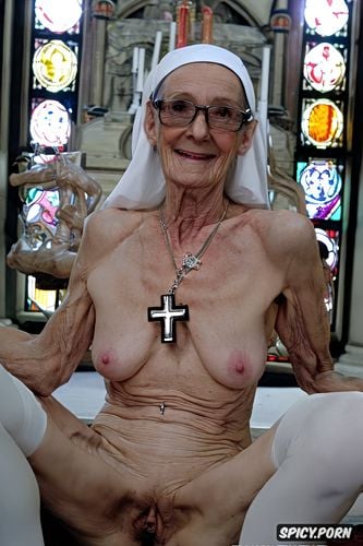 bony, ninety year old, glasses, cathedral, grey hair, holding small saggy breast