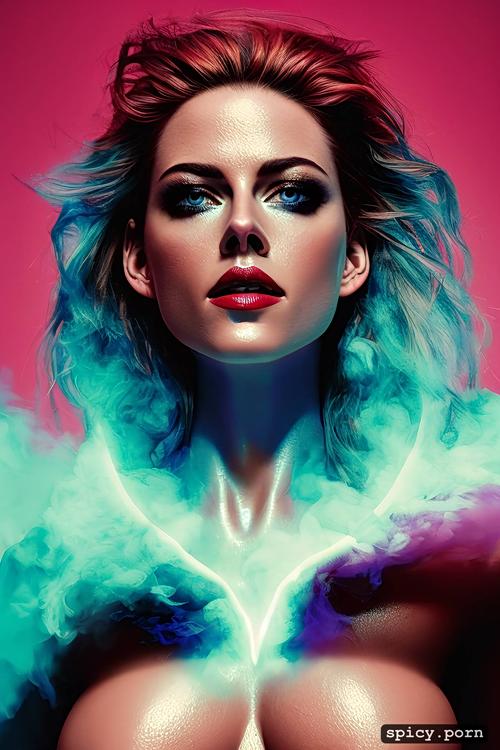 flow, nude, the style of light blue and pink, fiery kristenstewart with fire smoke around her