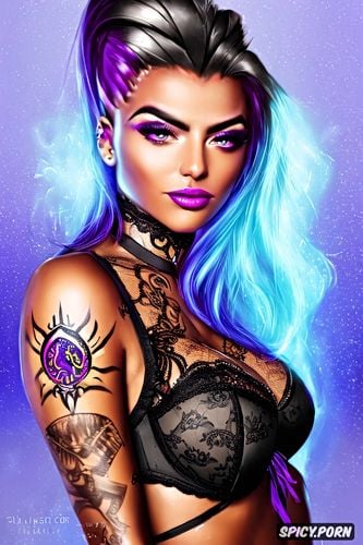 ultra realistic, high resolution, k shot on canon dslr, sombra overwatch beautiful face young slutty low cut purple lace lingerie tattoos masterpiece