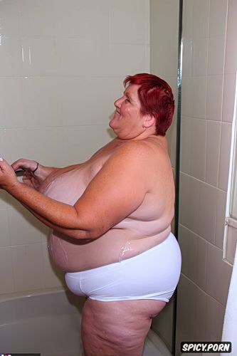wearing white wet coton tight shorts, side view, topless, an old fat woman naked with obese ssbbw belly