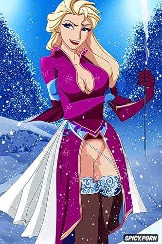 front view, pissing, elsa from disney s frozen, naked in the snow