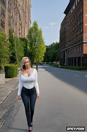 35yo german woman in curvy jeans, greatest breasts in the world and high heels