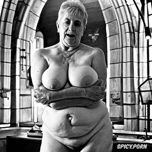 standing, spread legs, geriatric elderly woman, cathedral, nude