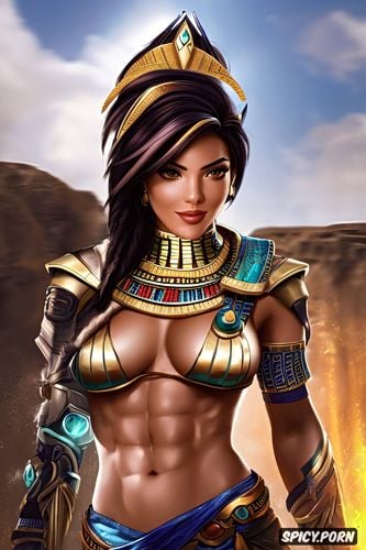 ultra detailed, ultra realistic, tracer overwatch female pharaoh ancient egypt pharoah crown royal robes beautiful face portrait muscles