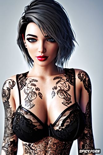 k shot on canon dslr, ultra realistic, ashe overwatch beautiful face young exotic black lace lingerie tattoos masterpiece