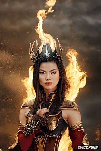 artstation, flame crown, face shot, black hair in an intricate updo