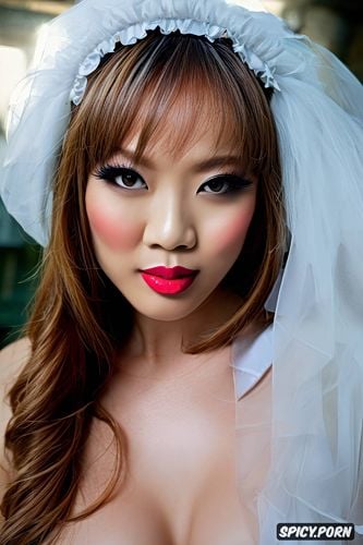 asian woman, gorgeous face, tattoos, halloween, slim body, church
