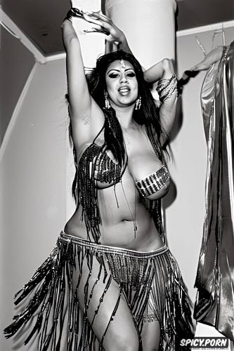 beautiful belly dance costume, performing on stage, perfect laughing face