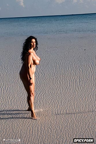 huge saggy tits, standing at a white sand beach, beautiful1 8 face