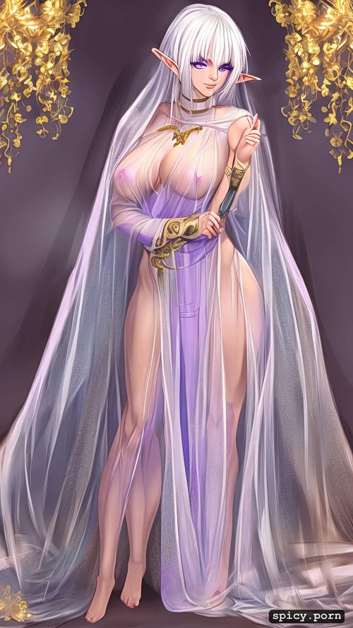 white hair, silk robe, purple eyes, golden, one pretty naked female