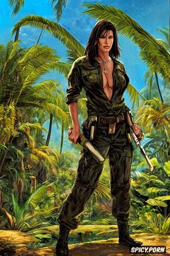 sandra bullock dinosaur hunter, pulp fiction cover art, tropical rainforest