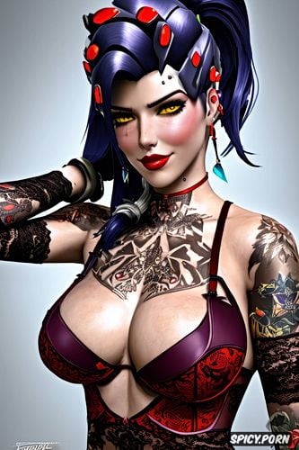widowmaker overwatch beautiful face young full body shot, tattoos small perky tits elegant low cut red lace lingerie masterpiece