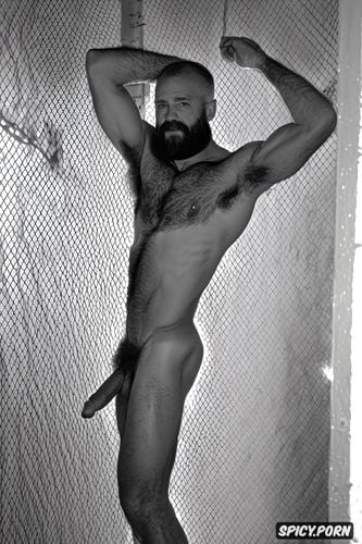 solo very hairy gay muscular old man with a big dick showing full body and perfect face beard showing hairy armpits wearing a police uniform beefy body in a prison cell