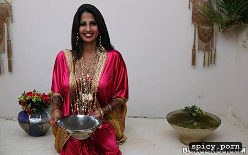 hindu naked bride wearing only wedding jewellery, smiling, urinating into a ceremonial bowl