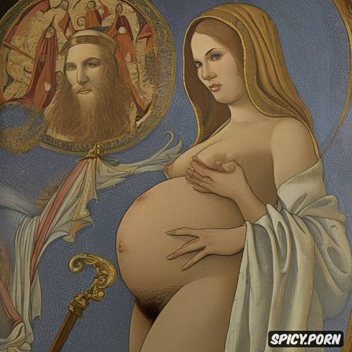 pregnant, classic, halo, spreading legs shows pussy, middle ages painting