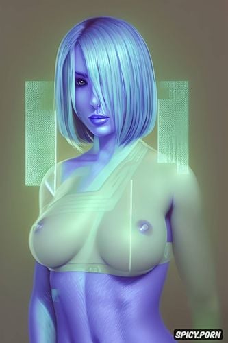 fit, blue purple skin, digital blue, bob haircut, abs, cortana from halo ce