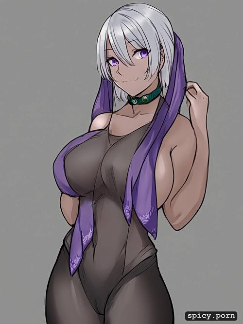 3dt, detailed, style pencil, highres, scarf, purple eyes, see through tanktop with underboob