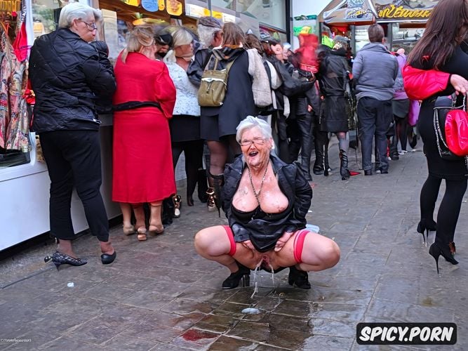 granny woman german, full view, piss on the floor, begging in a street full of shops