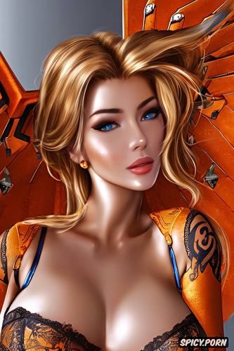 high resolution, k shot on canon dslr, tattoos masterpiece, mercy overwatch beautiful face young sexy low cut orange lace lingerie