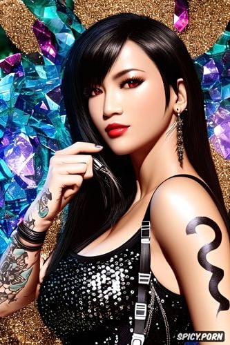 tattoos masterpiece, ultra detailed, tifa lockhart final fantasy vii rebirth asian skin beautiful face young sexy low cut black sequin dress