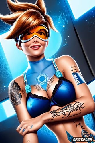 ultra realistic, blue lace lingerie, high resolution, tracer overwatch beautiful face full body shot