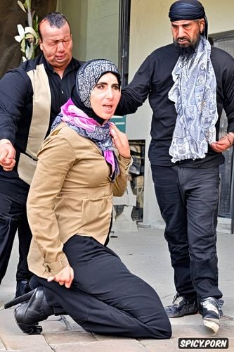 a isis type of scenario, real life, a yazidi hijab headscarf wearing woman