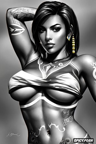 abs, ultra realistic, pharah overwatch tight yoga pants tattoos topless tits out beautiful face portrait muscles