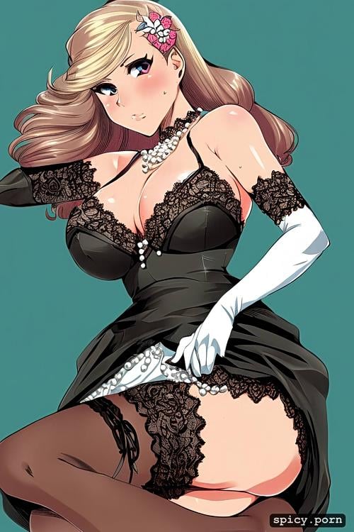 ultra detailed, fully clothed, stockings flowing hair, lace gloves