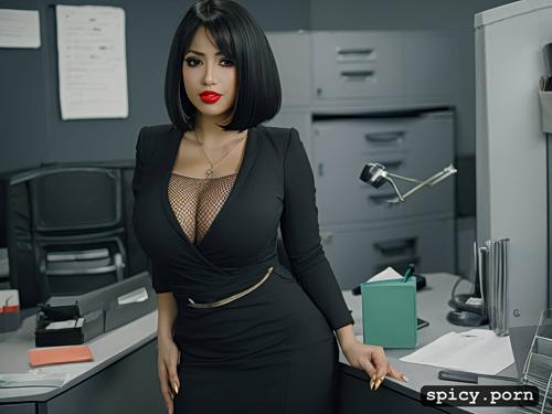 office, large tits, curvy body, cleavage, makeup, elegant, black hair