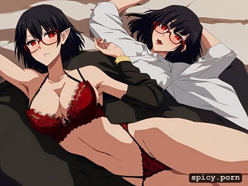 elegant, glasses, black hair, laying down, black and red panties